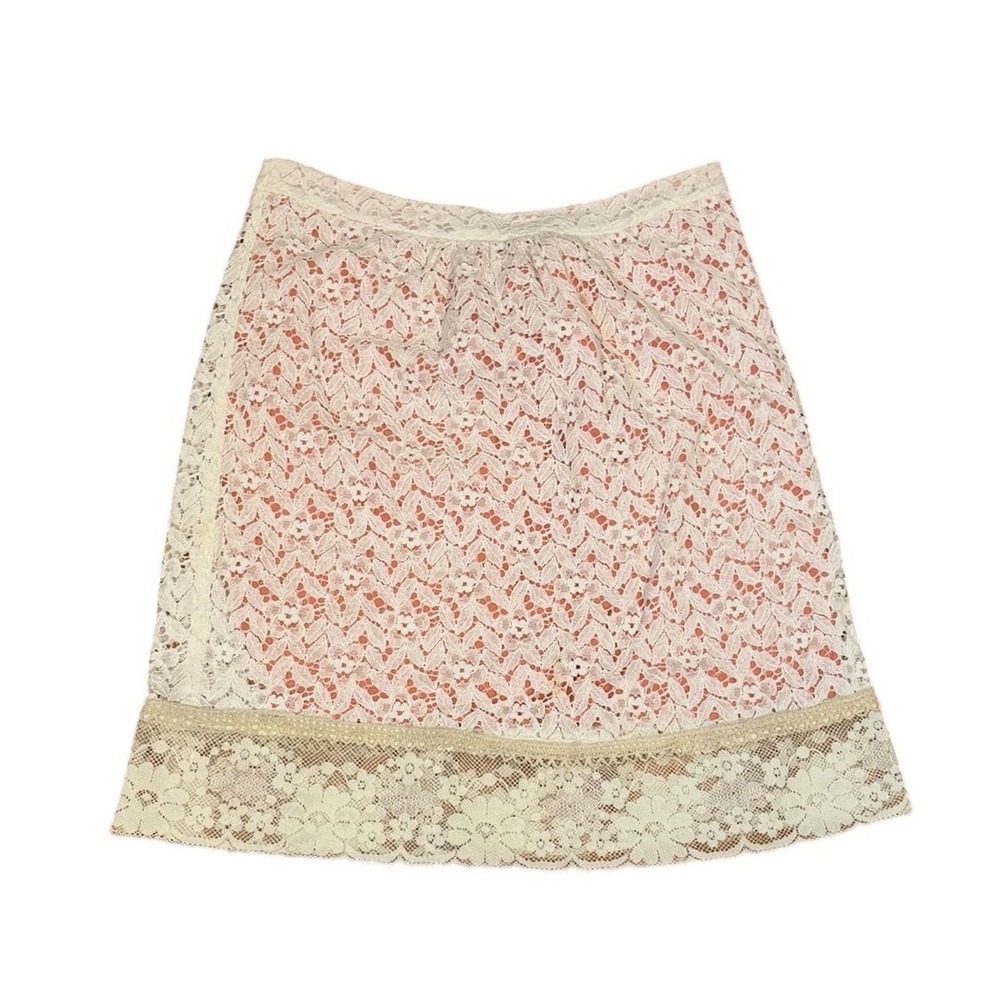 Vtg Repurposed Whimsical white Floral Lace‎ Coral Mini Skirt A-Line Womens Sz S